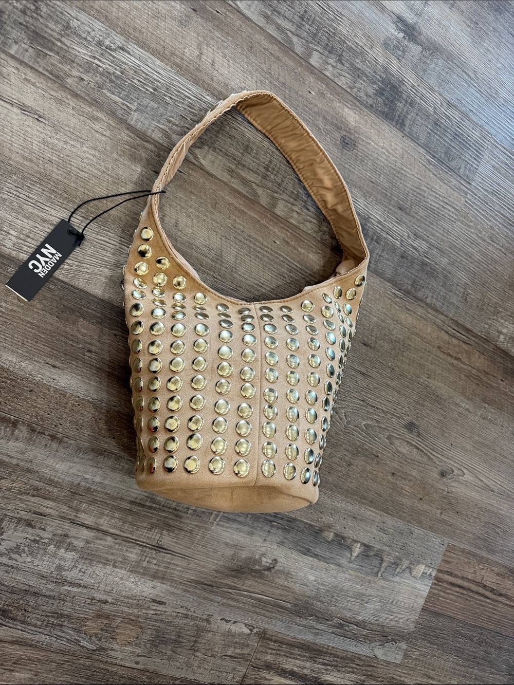 Stud-Embellished Tan Shoulder Bag with Gold Accents